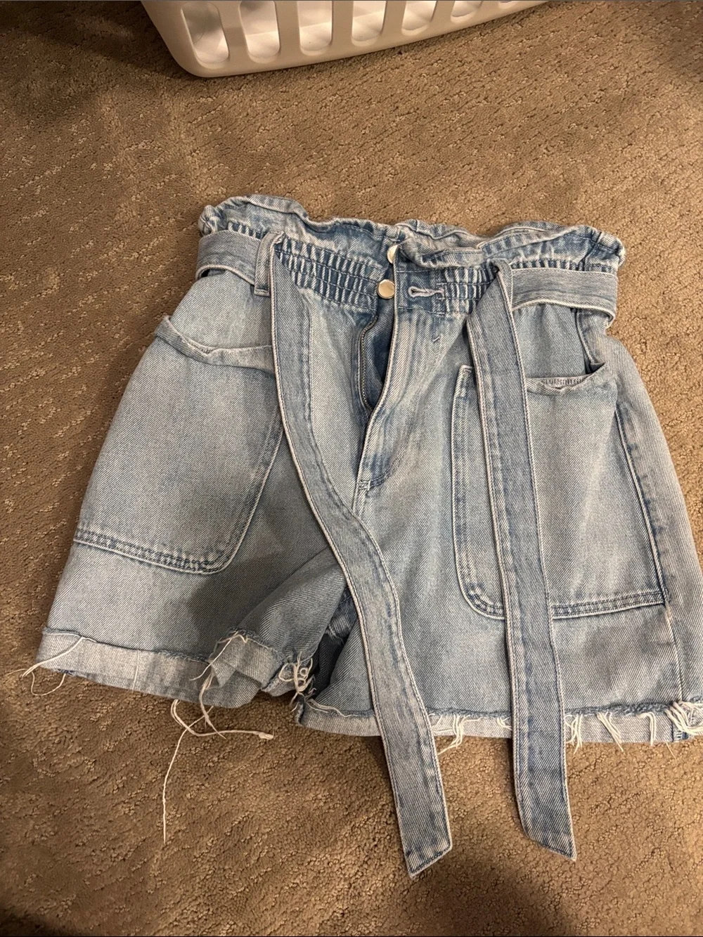 Zara Light Blue High-Rise Paperbag Denim Shorts with Self-Tie Belt